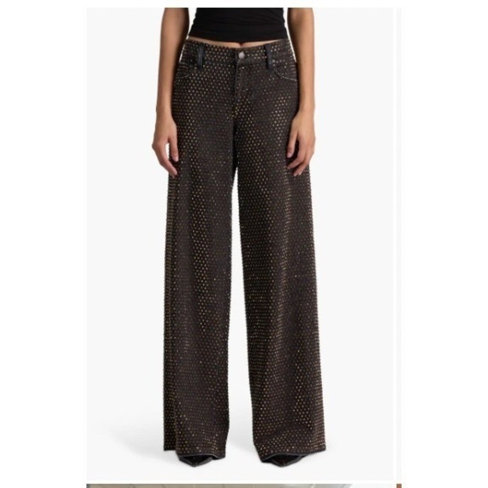 Alice + Olivia Black Gold Metallic Studded High Rise Wide Leg Jeans Glam NWT 28